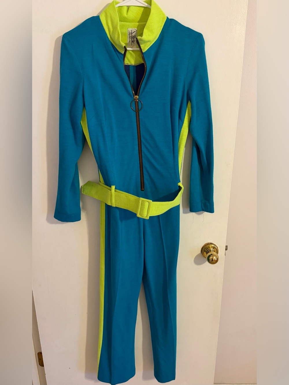 Vintage 70s Tootique Colorblock Knit Jumpsuit Teal & Neon Lime, O-Ring Zip